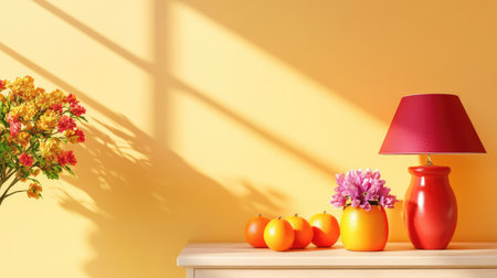 A vibrant home decor scene featuring colorful flowers and oranges on a stylish table, illuminated by soft light against a warm yellow wall.の素材