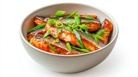 This image showcases a delicious fish dish garnished with fresh green onions, presented in a stylish bowl. Perfect for culinary and food-related projects.の素材