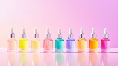 This vibrant image showcases a series of colorful serum bottles against a soft pink and purple gradient background, perfect for beauty and wellness projects.の素材