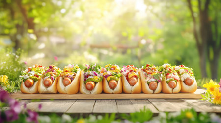 This vibrant image showcases a delightful array of gourmet hot dogs adorned with various colorful toppings, set against a stunning sunlit garden backdrop. Ideal for food lovers and summer gatherings.の素材
