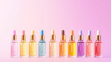 This image features a stunning arrangement of colorful beauty serum bottles with droppers on a soft gradient pink background, ideal for showcasing skincare products.の素材