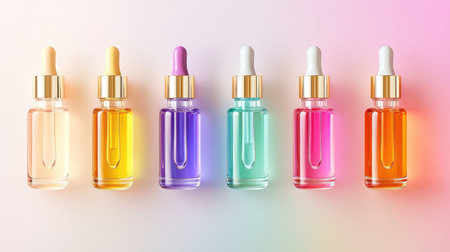 A captivating image showcasing six colorful bottles of essential oil with droppers, set against a soft pastel background, ideal for wellness and beauty promotions.の素材