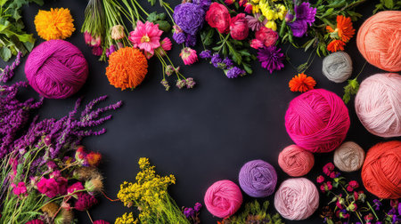 A captivating arrangement of colorful yarn balls and vibrant flowers on a dark background, perfect for inspiring creativity and artistic projects.の素材