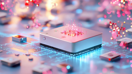 A captivating image of a futuristic microchip placed on a circuit board, illuminated by colorful lights and abstract elements, symbolizing advanced technology and innovation.の素材