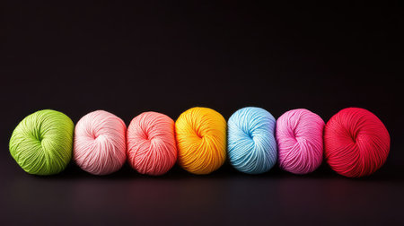 A vibrant collection of colorful yarn balls arranged neatly, perfect for showcasing various shades ideal for knitting, crafting, and creative projects.の素材