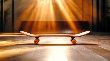 A skateboard rests gracefully on a wooden floor, illuminated by soft, warm lighting that creates a cozy ambiance, inviting adventure indoors.の素材