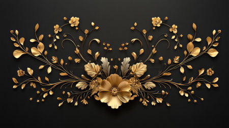 This stunning floral arrangement features intricate metallic flowers and leaves against a deep black background, offering an elegant touch perfect for decor and design needs.の素材