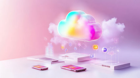 This image showcases a vibrant digital cloud concept, featuring modern devices like laptops and tablets that illustrate data storage and seamless connectivity.の素材