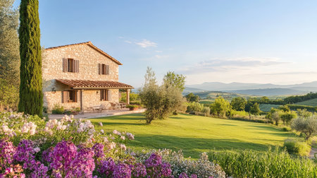 A beautiful rural scene showcasing a charming stone house surrounded by colorful flowers and lush green grass, perfect for relaxation and inspiration.の素材
