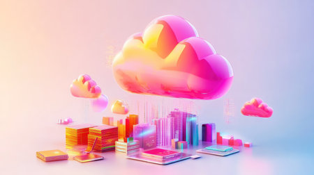 A vibrant 3D illustration depicting cloud computing with colorful clouds above a digital city, laptops, and books, symbolizing technology and innovation.の素材