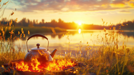 A captivating scene of a kettle placed over a fire by a tranquil lakeside at sunset. The golden light reflects on the water, creating a serene atmosphere surrounded by nature.の素材