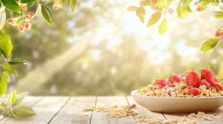 A vibrant bowl of oatmeal topped with fresh strawberries sits on a wooden table, illuminated by warm sunlight and surrounded by green leaves.の素材