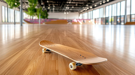 A stylish wooden skateboard rests gracefully on a polished floor in a spacious indoor skate park, illuminated by natural light, showcasing an urban lifestyle.の素材