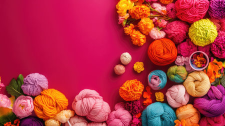 A stunning arrangement of colorful yarn skeins and vibrant flowers on a bright pink background, perfect for craft enthusiasts and creative projects.の素材