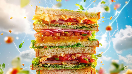 An eye-catching layered sandwich featuring fresh ingredients such as lettuce, tomato, cheese, and onion, set against a vibrant sky backdrop, emphasizing culinary artistry.の素材