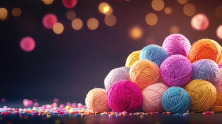 A vibrant arrangement of colorful yarn balls sits atop a surface, highlighted by a soft blurred background featuring playful bokeh lights. Perfect for craft enthusiasts!の素材
