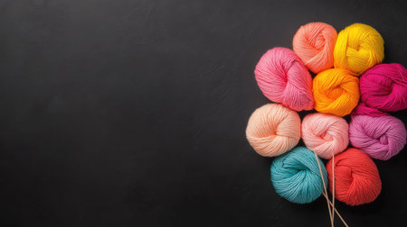 A vibrant arrangement of colorful yarn balls in a flower shape on a dark background, perfect for inspiring creativity and crafting ideas.の素材