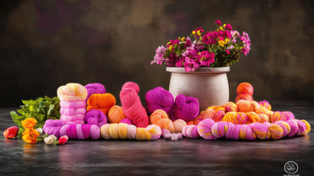 A stunning still life showcasing colorful yarn bundles arranged artistically next to a pot of vibrant flowers, creating a lively and inviting atmosphere perfect for crafting and creativity.の素材