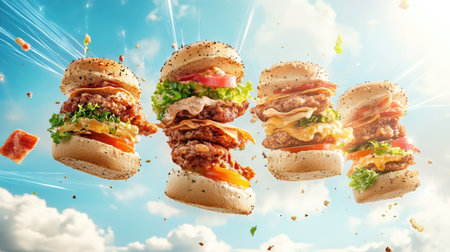 This vibrant image showcases flying burgers stacked high with fresh ingredients, including lettuce, tomatoes, and crispy bacon, against a stunning blue sky.の素材
