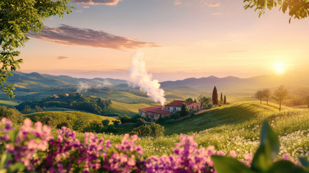 A breathtaking view of a serene sunrise illuminating rolling hills, colorful flowers in the foreground, and a charming cottage adding a tranquil touch.の素材