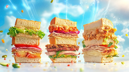 A vibrant display of stacked sandwiches featuring fresh ingredients like lettuce, tomato, and various meats, set against a bright sky. Perfect for culinary projects.の素材