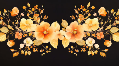 Stunning floral arrangement featuring orange and cream flowers set against a rich black background, perfect for various artistic and decorative applications.の素材
