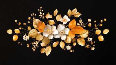 Stunning floral arrangement featuring white flowers and golden leaves on a dark background, perfect for modern design projects and seasonal decor.の素材