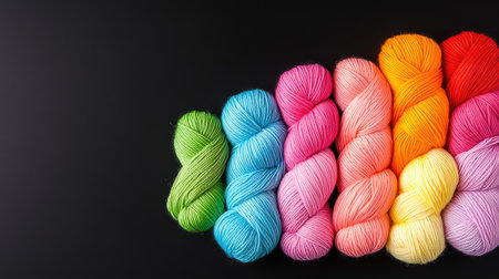 A stunning display of colorful yarn skeins arranged in a vibrant gradient on a sleek black background, perfect for inspiring creativity in crafting projects.の素材