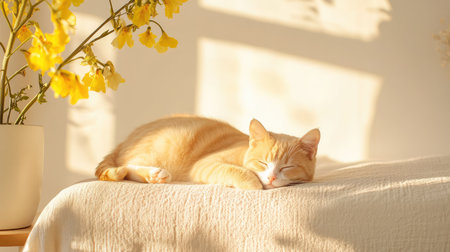 A serene orange cat peacefully napping on a soft surface, surrounded by vibrant yellow flowers, illuminated by warm sunlight, creating a cozy atmosphere.の素材