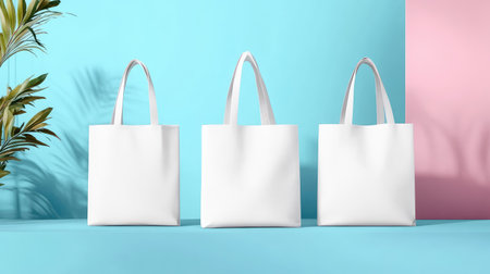 This image features three empty white tote bags arranged on a colorful background with palm leaves, creating a fresh and modern aesthetic suitable for branding or retail displays.の素材
