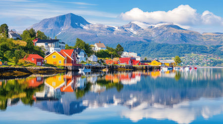 Beautiful fjord landscape featuring colorful houses against majestic mountains, reflecting on calm waters. A serene getaway perfect for nature lovers.の素材