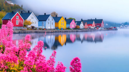 A picturesque coastal scene showcasing colorful houses lining a tranquil waterway, surrounded by vibrant pink flowers and a serene misty atmosphere at dawn.の素材