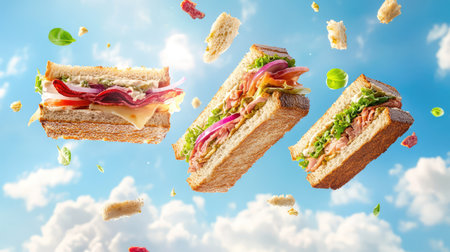 Three gourmet sandwiches float against a vibrant blue sky, surrounded by fresh leaves and crumbs, creating a whimsical and appetizing food scene.の素材