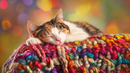 A serene close-up of an adorable cat sleeping peacefully on a colorful knit blanket, surrounded by a soft bokeh background, exuding warmth and tranquility.の素材