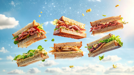 A captivating image of assorted gourmet sandwiches floating in a vivid blue sky, creating a whimsical scene perfect for food enthusiasts and culinary projects.の素材