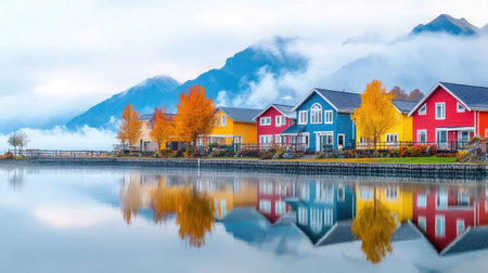 This stunning image captures colorful houses by a tranquil waterfront, framed by autumn trees and misty mountains, reflecting beautifully in the calm water.の素材