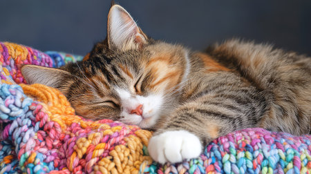 A charming cat sleeps soundly on a vibrant, knitted blanket, capturing the essence of tranquility and comfort. The colorful textures enhance the cozy atmosphere.の素材