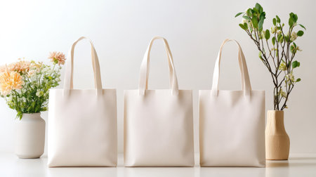 This image showcases three elegant white eco-friendly tote bags in a minimalist setting, with vibrant flowers adding a natural touch and enhancing creativity.の素材