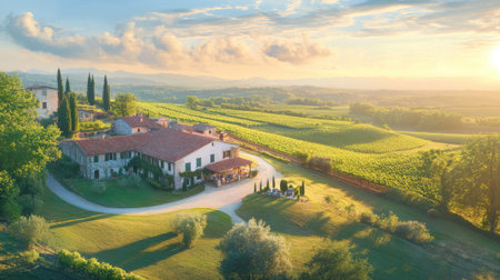 Enjoy a breathtaking view of a traditional farmhouse nestled among sprawling vineyards under a vibrant sunset. The scenic countryside captures the essence of rural life and nature's beauty.の素材