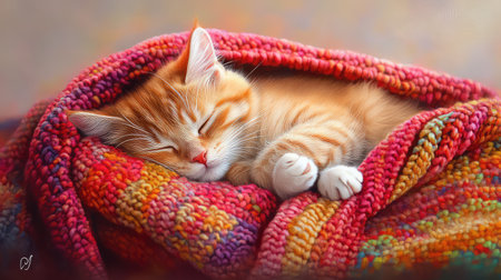 A delightful orange cat dozing peacefully in a vibrant blanket, capturing the essence of comfort and coziness. This heartwarming scene evokes tranquility.の素材