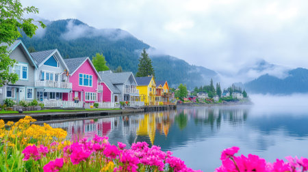 A serene view of brightly colored houses lining a tranquil lake, surrounded by majestic mountains and blooming flowers, creating a picturesque landscape.の素材