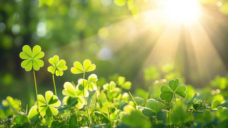 A captivating image showcasing fresh green clover leaves illuminated by soft sunlight, creating a peaceful and vibrant atmosphere in nature.の素材
