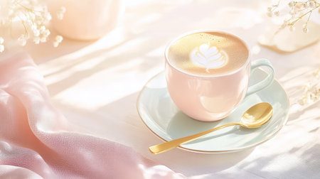 A beautifully styled coffee cup with an intricate latte design rests on a soft textured surface. The warm morning light enhances the serene atmosphere, complemented by delicate floral accents. Perfect for cozy moments.の素材