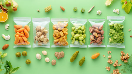 A vibrant assortment of dried fruits and nuts displayed in clear packaging, set against a fresh green background, ideal for healthy snack ideas.の素材
