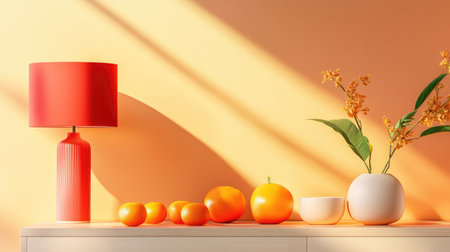 A beautiful interior scene featuring various orange fruits, a stylish red lamp, and a sleek floral arrangement. Ideal for designs emphasizing warmth and modernity.の素材