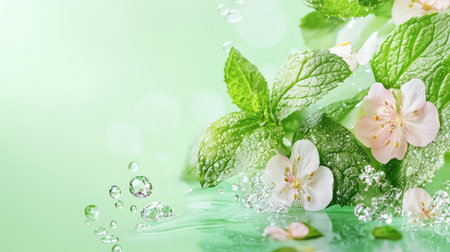 A stunning image of fresh mint leaves and delicate blossoms splashing in clear water, symbolizing nature's purity and vitality, ideal for wellness and relaxation themes.の素材