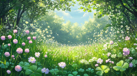 A stunning view of a lush green meadow filled with colorful flowers, surrounded by tall trees under a bright blue sky, offering a serene natural escape.の素材