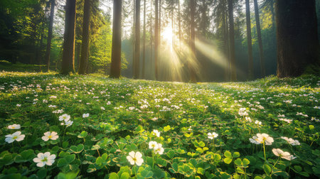 A serene forest scene featuring tall trees bathed in sunlight, creating a magical atmosphere with blooming flowers blanketing the ground. Perfect for nature lovers.の素材