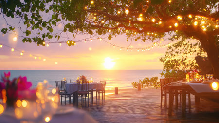 Experience a romantic dining setup on a beachside terrace, surrounded by twinkling lights and a breathtaking sunset over the serene ocean.の素材