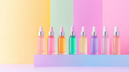 A vibrant display of skincare serum bottles arranged on a pastel background. The soft hues enhance the aesthetic appeal, making it ideal for beauty marketing.の素材